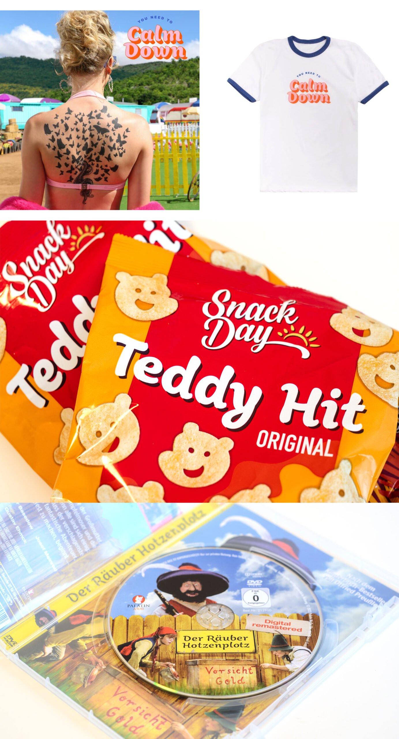 Samples of Aisha in use, showing a record cover, a t-shirt, a crisps package, and a DVD sleeve